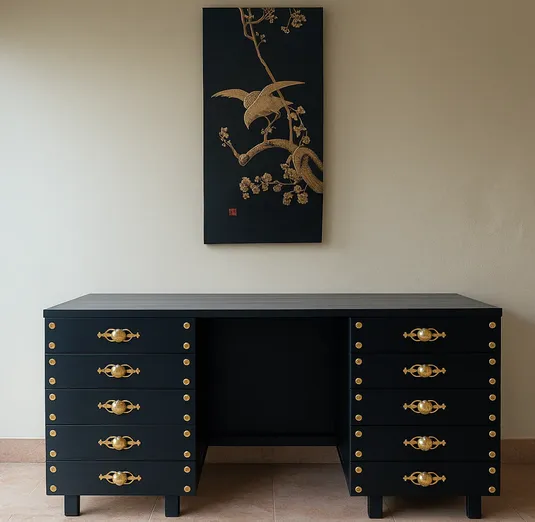 Cajonera negra restaurada de forma artesanal en Mallorca con decoración de pared.