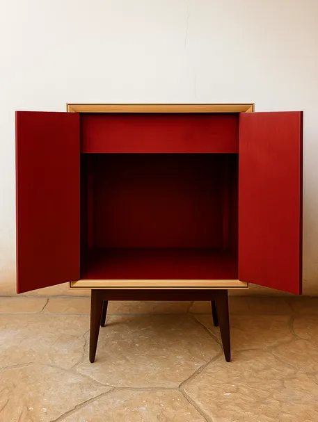 Aparador restaurado de forma artesanal en Mallorca con interior rojo y acabado personalizado